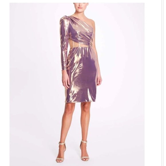 Marchesa Notte One Arm sheer cutot lilac Lame Corset Bodice Cocktail Dress size4 - Picture 2 of 5